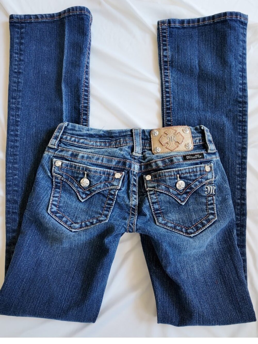 Miss Me Jeans Bootcut Flap Pocket Rhinestone Y2K McBling Blue Denim Size 25 XS